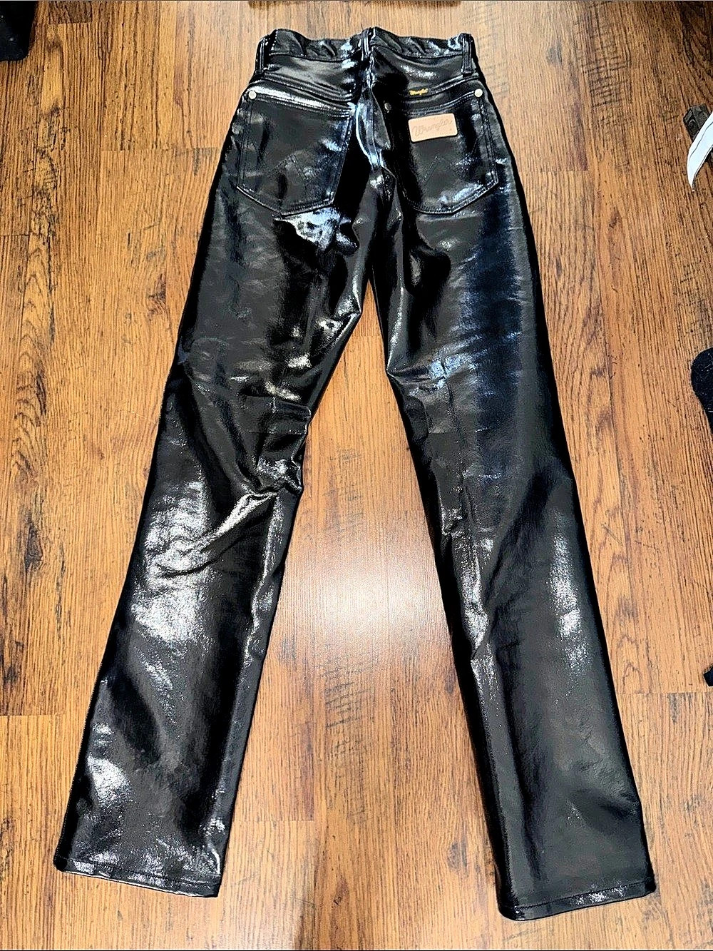 RARE Vintage Wrangler Black Leather Vinyl Pleather Wax Coded
Denim Jeans 1 × 32